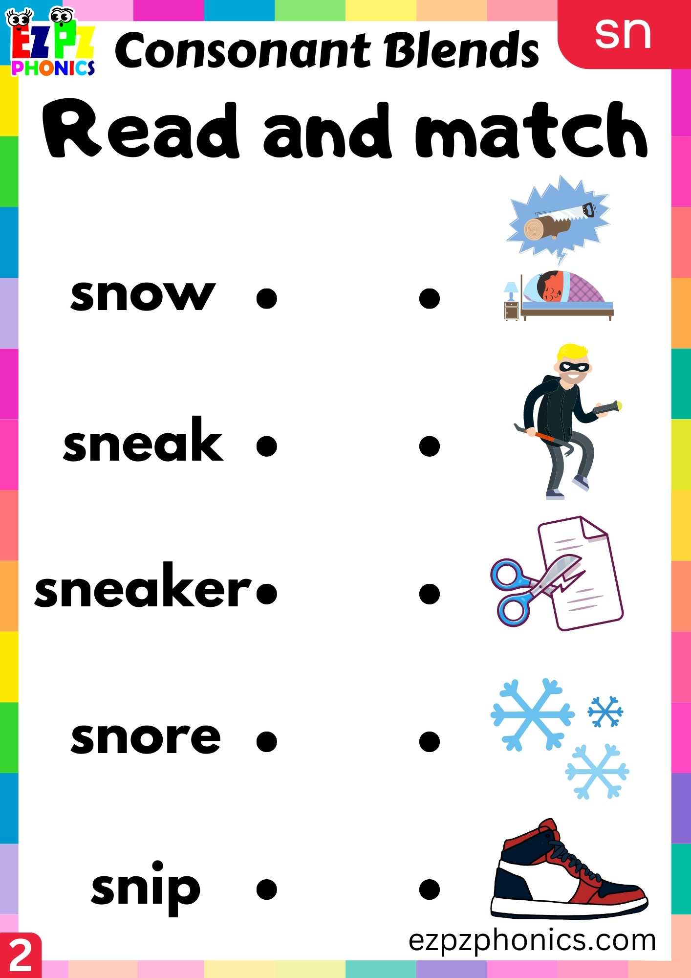 Group2 SN Words Read And Match Phonics Consonant Blends Worksheet
